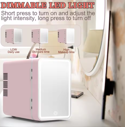 Skincare Fridge With Dimmable LED Mirror, 4L Makeup Mini Fridge for Bedroom, Cosmetics, SkinCare, Cooler & Warmer, Portable Small Refrigerator for Car, Office and Food- Pink