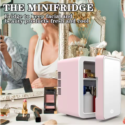 Skincare Fridge With Dimmable LED Mirror, 4L Makeup Mini Fridge for Bedroom, Cosmetics, SkinCare, Cooler & Warmer, Portable Small Refrigerator for Car, Office and Food- Pink