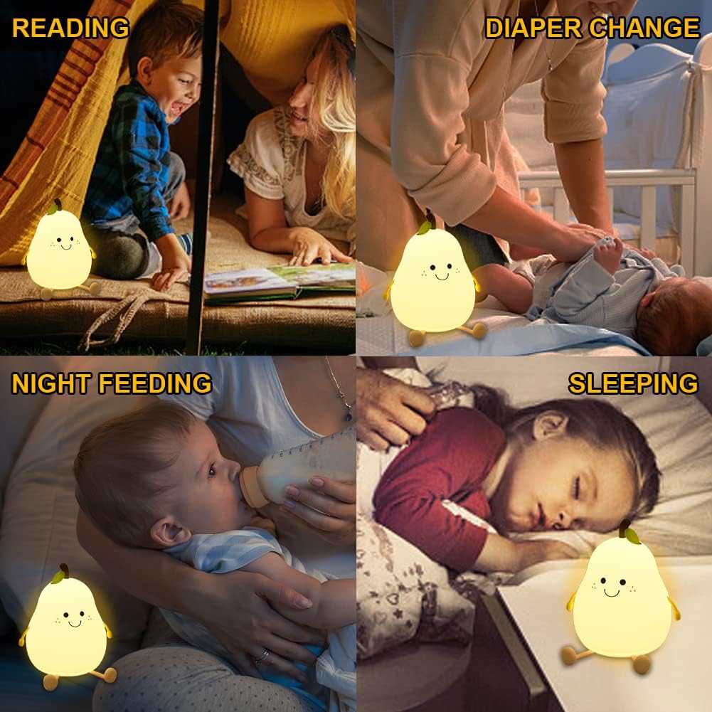 Cute Pear LED Night Light for Kids - 7 Color Silicone Lamp