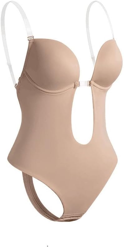 Women’s Backless Shapewear Bodysuit – XL Deep V Neck U Shaper with Padded Push-Up Corset & Sheer Straps