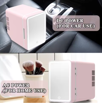 Skincare Fridge With Dimmable LED Mirror, 4L Makeup Mini Fridge for Bedroom, Cosmetics, SkinCare, Cooler & Warmer, Portable Small Refrigerator for Car, Office and Food- Pink