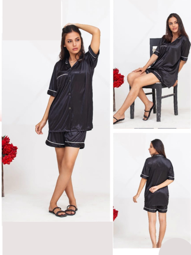 Pipin Silk Night Suit Shirt Short Set