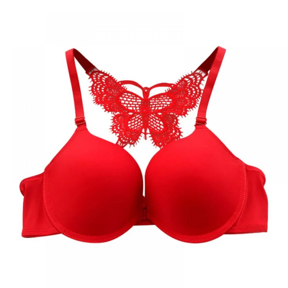 Women's Bra Front Button Y-shaped Back Butterfly Lace Underwear Solid Color Breathable Slim Bras