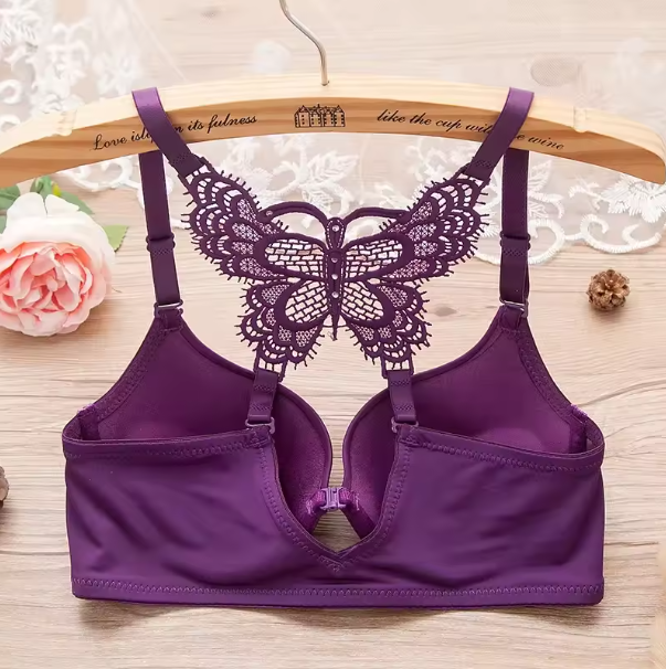 Women's Bra Front Button Y-shaped Back Butterfly Lace Underwear Solid Color Breathable Slim Bras