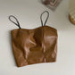 Women’s PU Leather Strap Camisole - Smocked Bottom Slim Fit Crop Top
