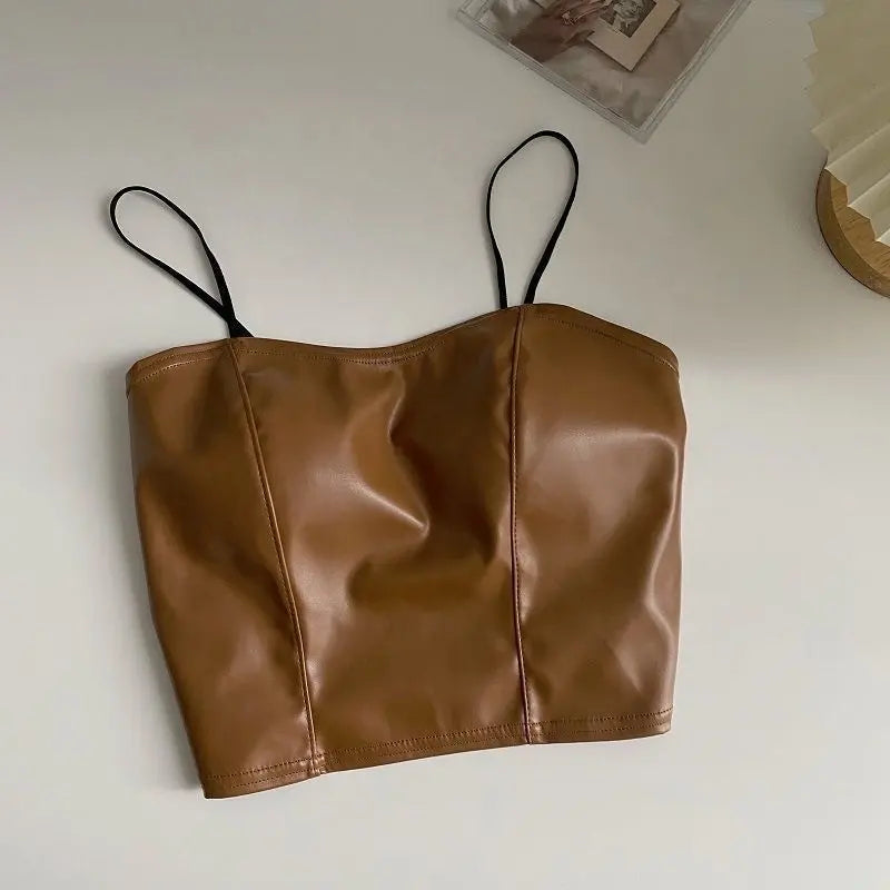 Women’s PU Leather Strap Camisole - Smocked Bottom Slim Fit Crop Top