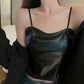 Women’s PU Leather Strap Camisole - Smocked Bottom Slim Fit Crop Top