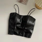 Women’s PU Leather Strap Camisole - Smocked Bottom Slim Fit Crop Top