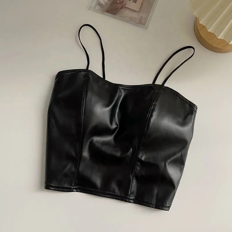 Women’s PU Leather Strap Camisole - Smocked Bottom Slim Fit Crop Top