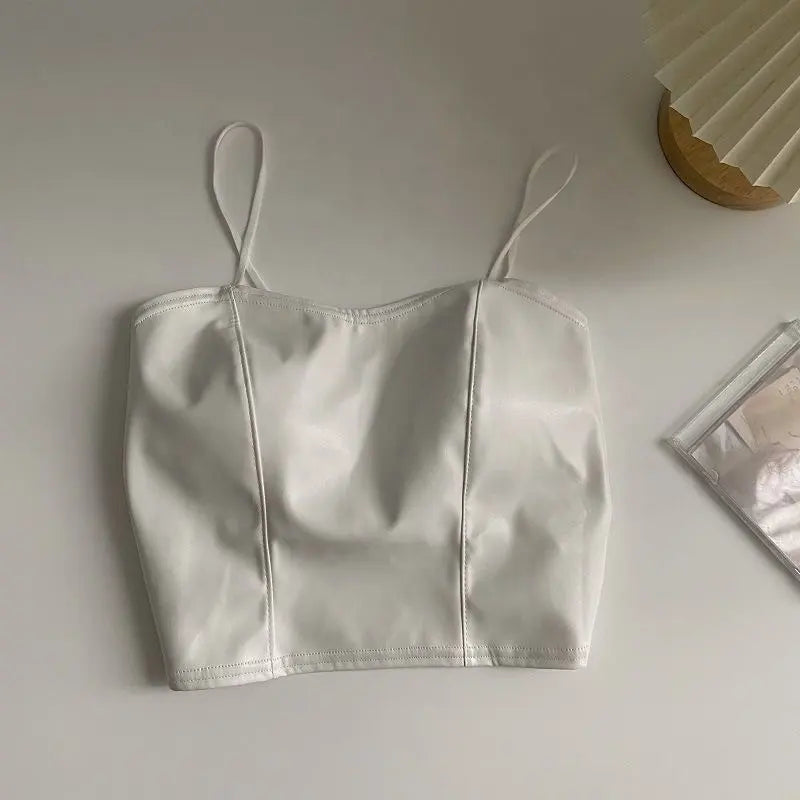 Women’s PU Leather Strap Camisole - Smocked Bottom Slim Fit Crop Top