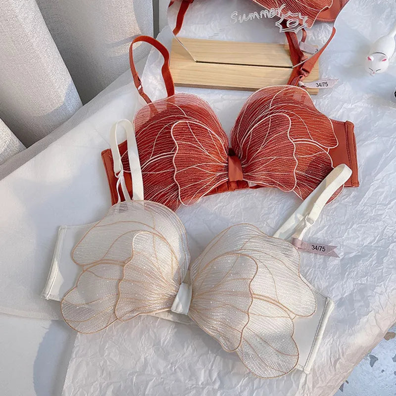 Bow Embroidered Half Cup Lingerie Set – Mesh Gauze Bra and Panty