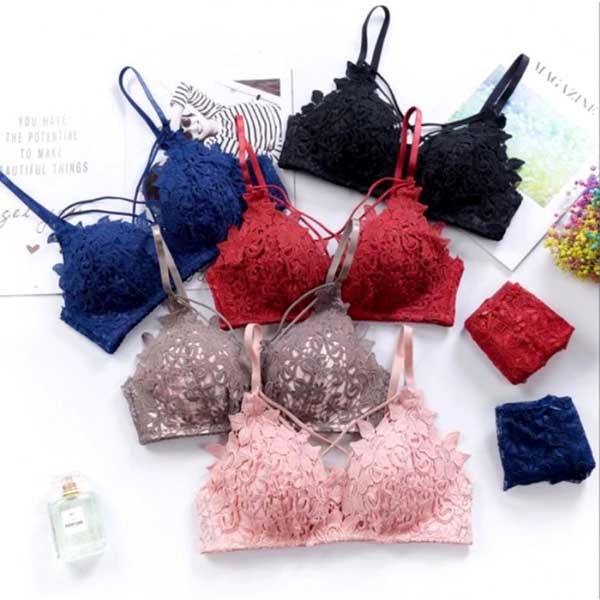 Women's Embroidery Lace Bra Set Antiseptic Wire Free Underwear Comfortable Adjustable Fit