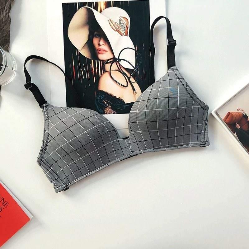 New Plaid Light Bra Push-Up Without Steel Ring One-Piece Bra Thin Section Seamless Lingerie
