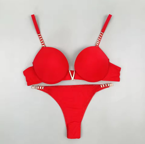 Women’s V-Shaped Metal Bra & Low Waist Thong Lingerie Set with Chain Details