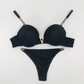 Women’s V-Shaped Metal Bra & Low Waist Thong Lingerie Set with Chain Details
