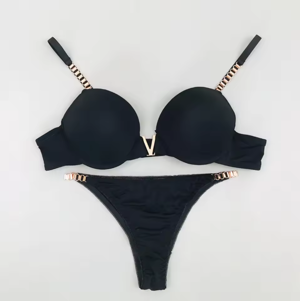 Women’s V-Shaped Metal Bra & Low Waist Thong Lingerie Set with Chain Details