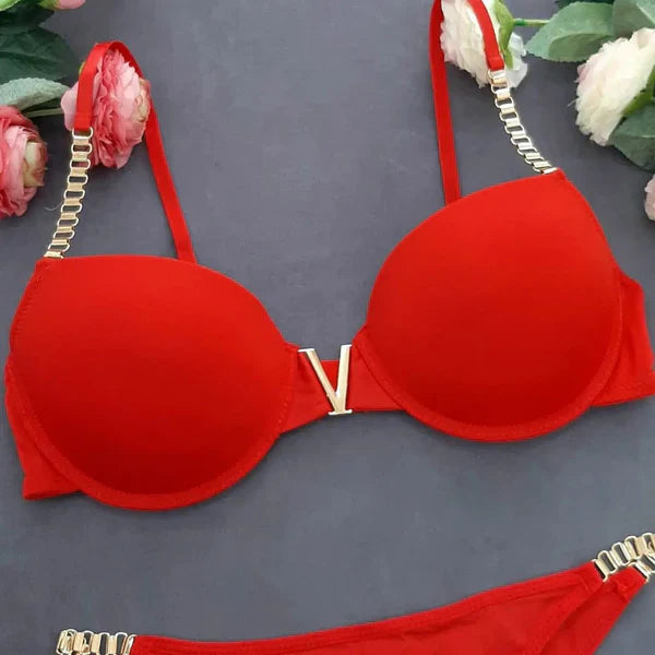 Women’s V-Shaped Metal Bra & Low Waist Thong Lingerie Set with Chain Details
