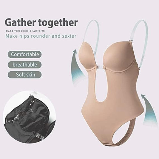 Women’s Backless Shapewear Bodysuit – XL Deep V Neck U Shaper with Padded Push-Up Corset & Sheer Straps