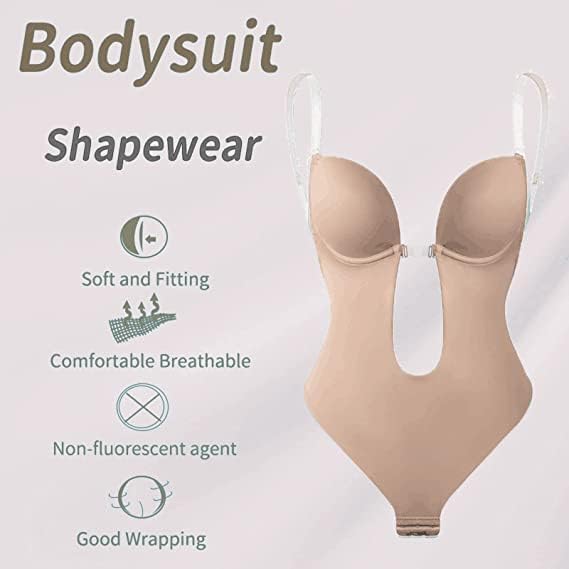 Women’s Backless Shapewear Bodysuit – XL Deep V Neck U Shaper with Padded Push-Up Corset & Sheer Straps