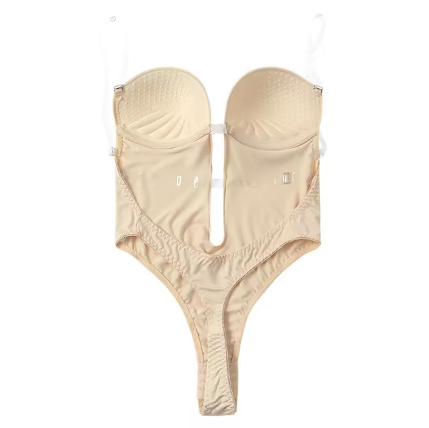 Women’s Backless Shapewear Bodysuit – XL Deep V Neck U Shaper with Padded Push-Up Corset & Sheer Straps
