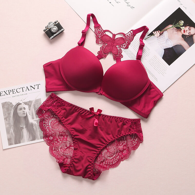 1 Set Lace Stitching Bra Front Buckle Panties Scalloped Trim Panties Lingerie Set for Women