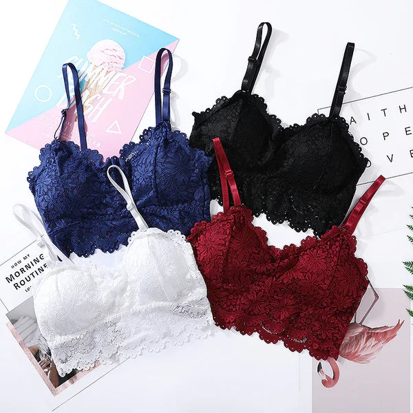 Women Lace Flower Bras Comfortable Top Solid Color Bralette Hollow Out Vest Wireless Lingerie