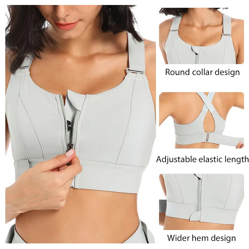 High-Impact Cross Back Sports Bra with Adjustable Front Zipper