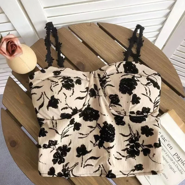 Floral Corset Bustier Crop Top - Off Shoulder Slim Fit Strappy Tank