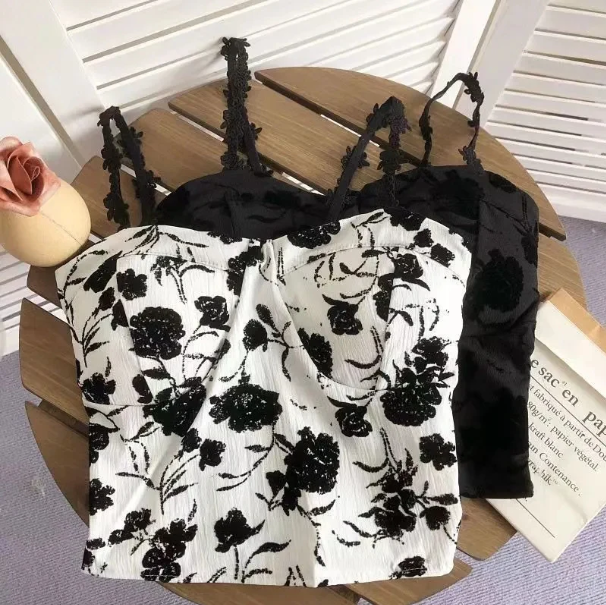 Floral Corset Bustier Crop Top - Off Shoulder Slim Fit Strappy Tank